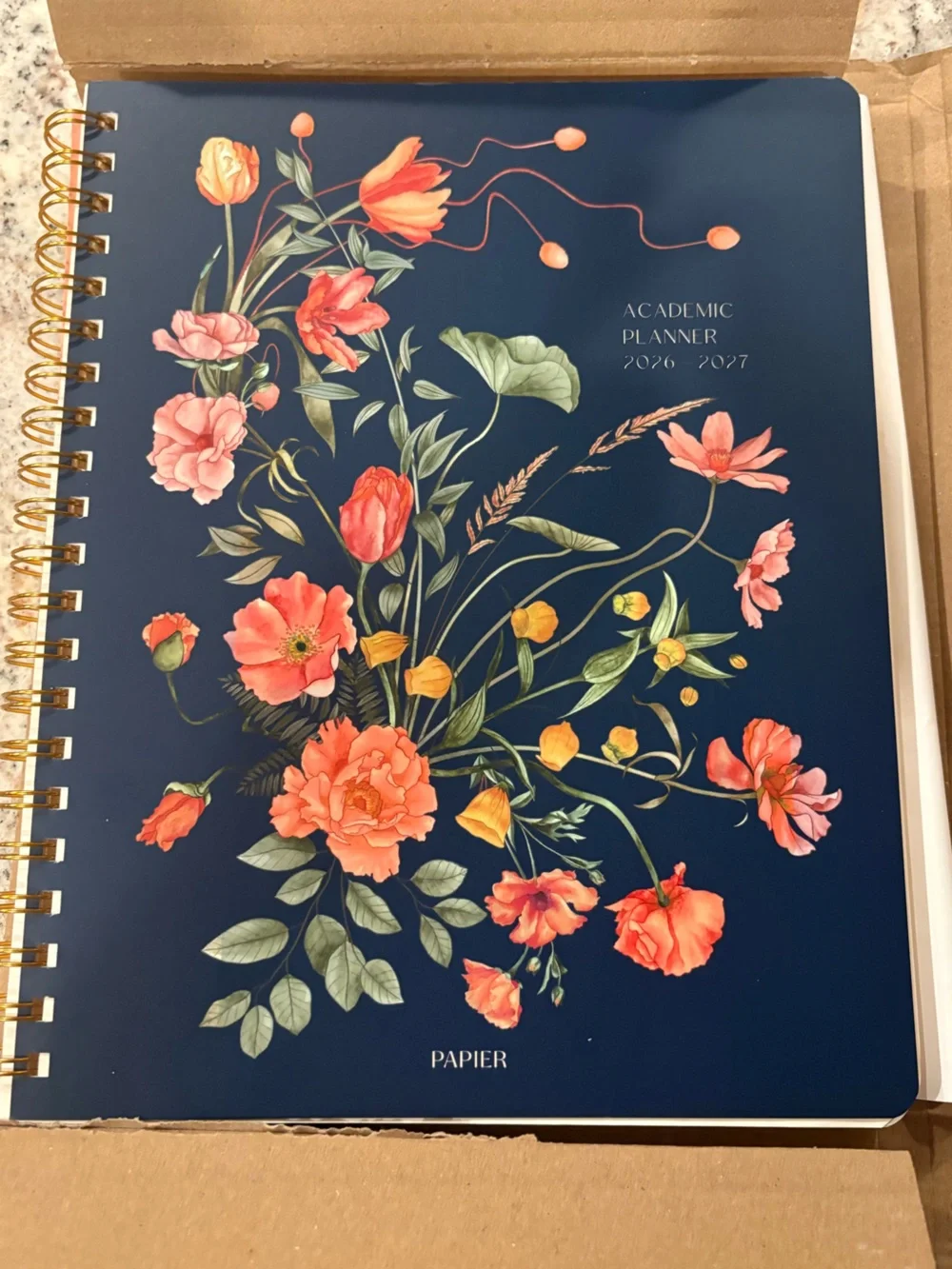Floral Spiral Notebook Planner - Navy with Coral Flowers